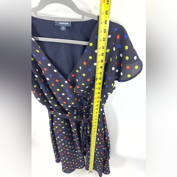 ModCloth Fits Of Bliss Tie Waist Dress Womens Size 1X Blue Polka Dot Faux Wrap - Picture 13 of 14